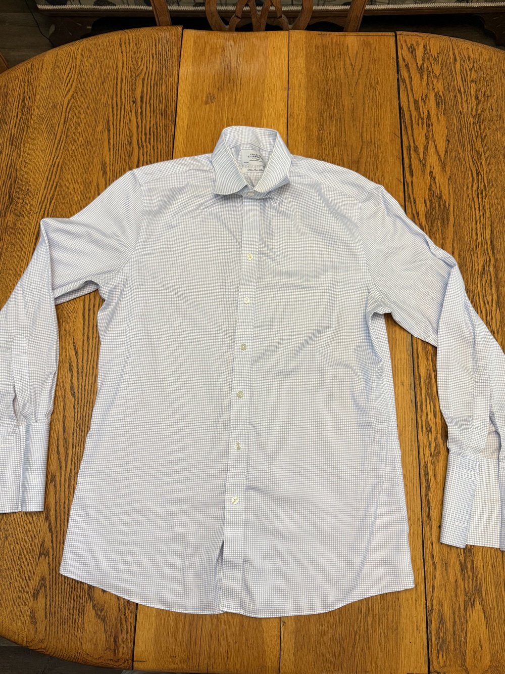 Charles Tyrwhitt Shirt Mens 16.5 35 Blue White Grid Slim Fit Non Iron Cotton
